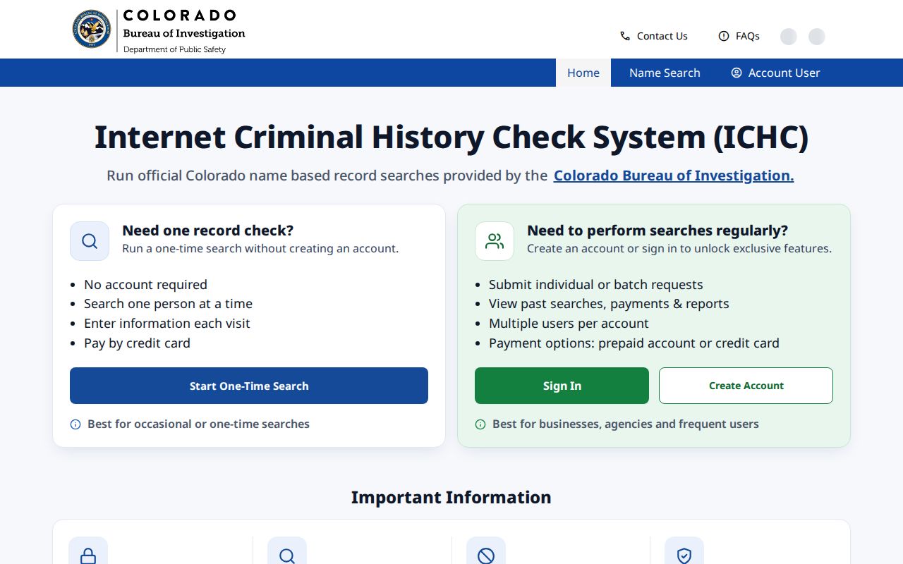 Colorado Internet Criminal History Check search page