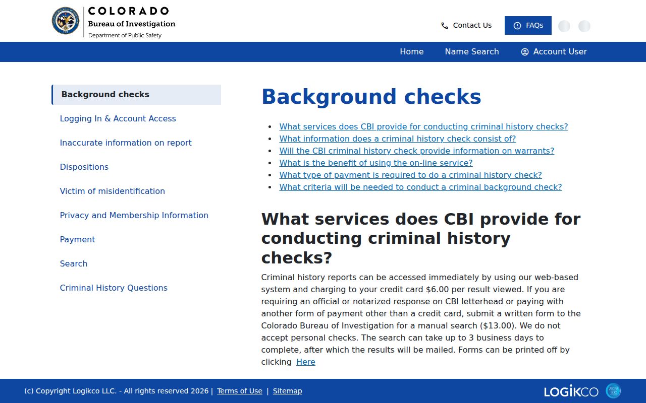 Colorado Internet Criminal History Check FAQ page explaining search limits