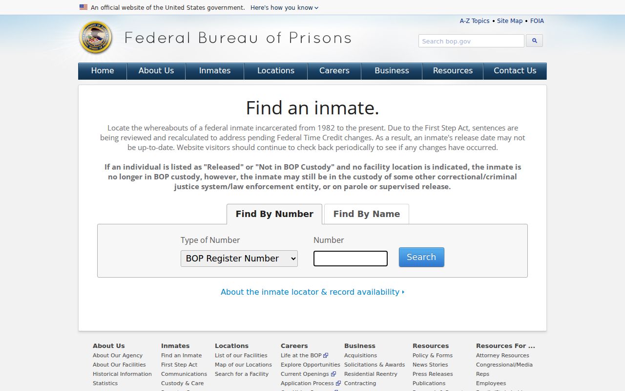 Federal Bureau of Prisons inmate locator search page