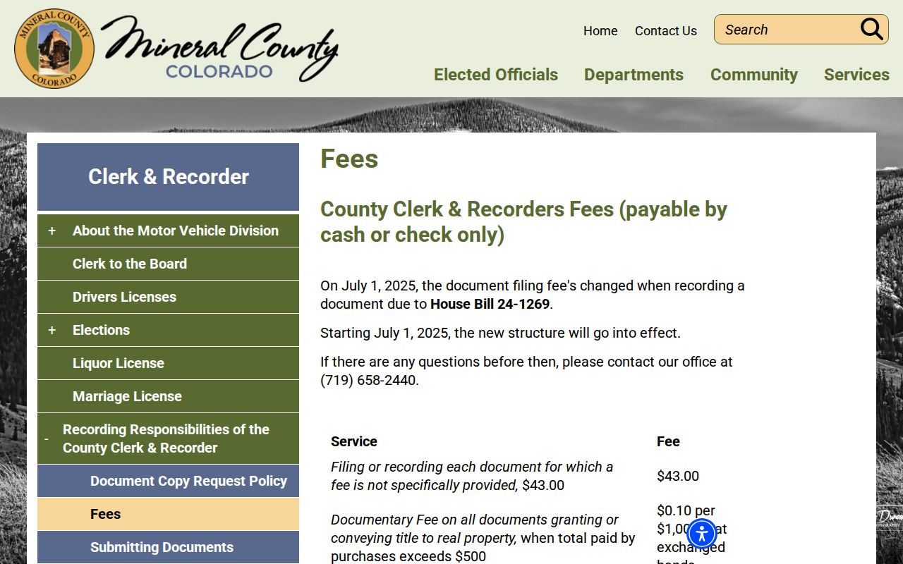 Mineral County marriage and divorce records fee schedule