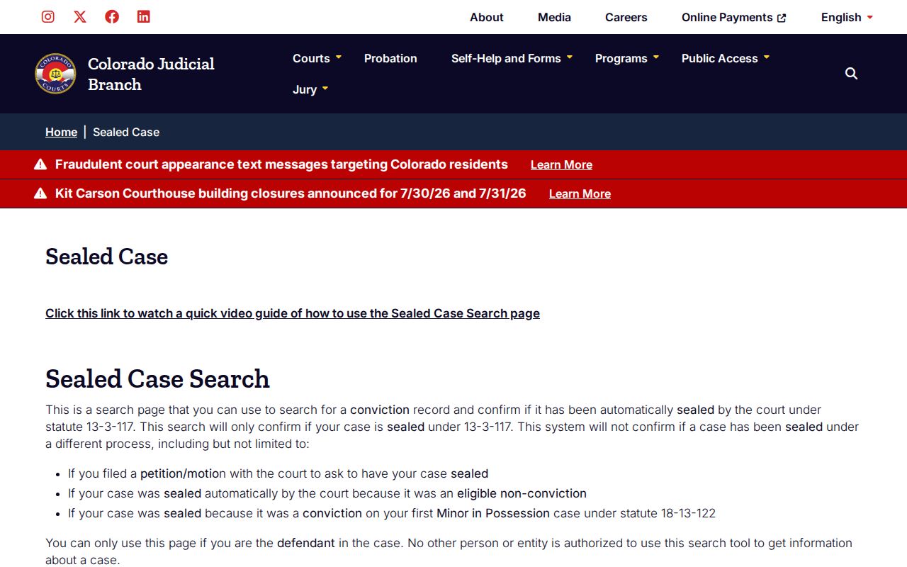 Colorado Judicial Branch sealed case search for automatic sealing confirmation