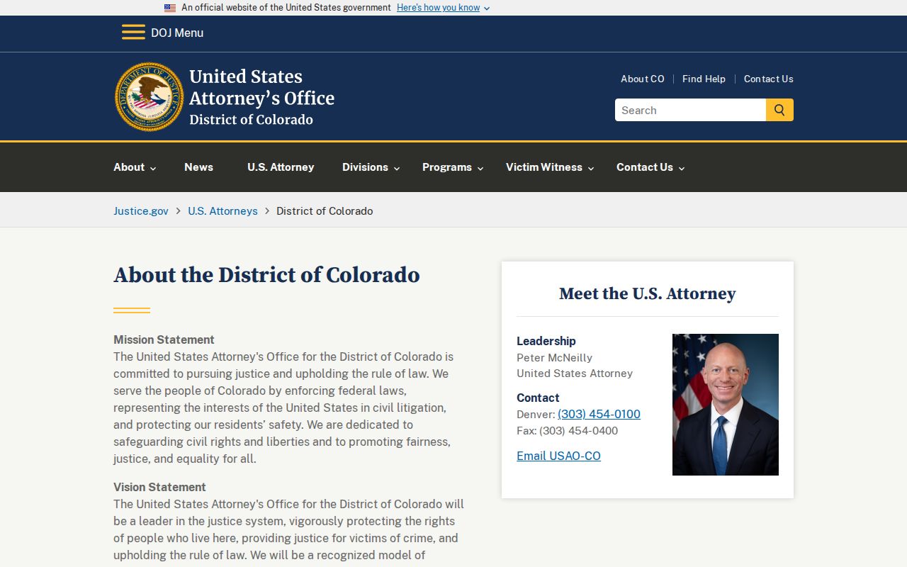 U.S. Attorney's Office for the District of Colorado page